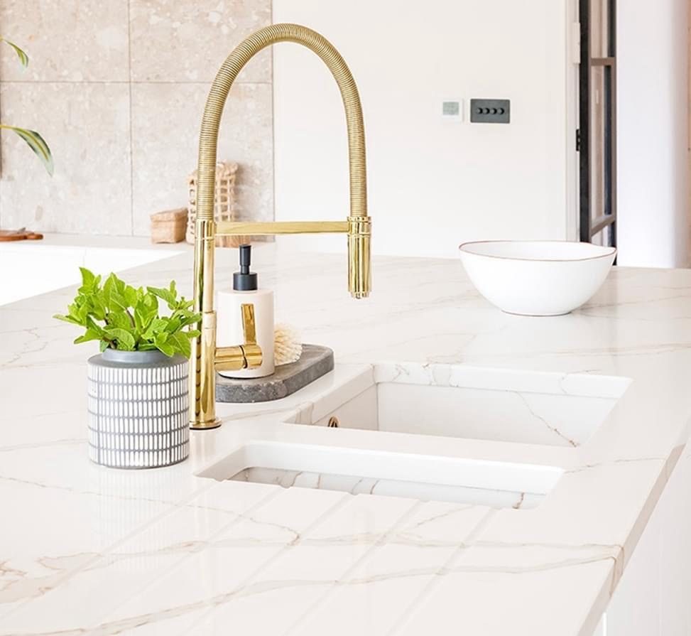 Calacatta quartz worktop with brass tap, Chelsea